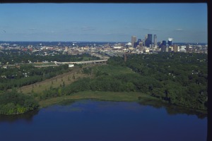 Cedar Lake with skyscrapers in background